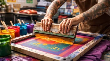 Artist screen printing in colorful studio