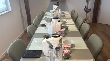 Table arranged for a crafts workshop.