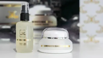 Two skincare bottles with branded labels.