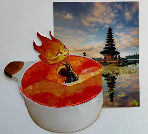 Flame character cooking in pot, temple background