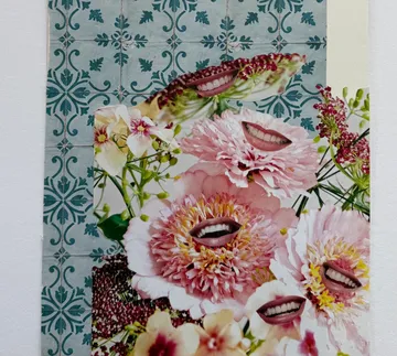 Flowers with mouths on patterned background.
