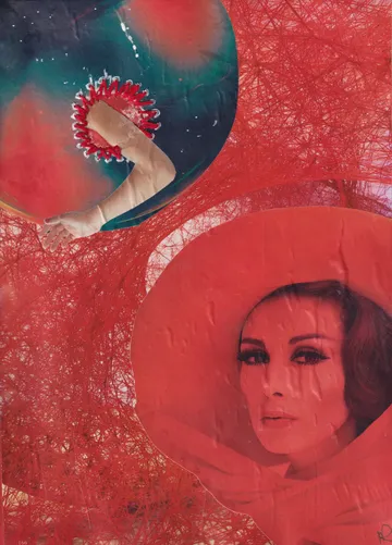 Hand greift durch kreisförmige, bunte Collage.
