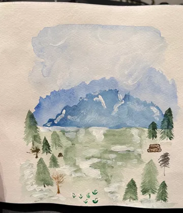 Malerei einer Berg- und Waldlandschaft.