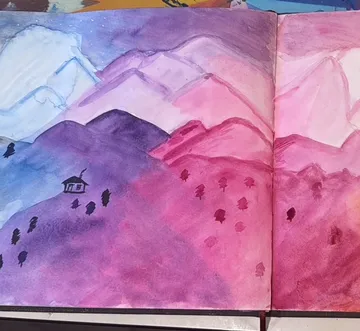 Watercolor painting of mountains with trees.