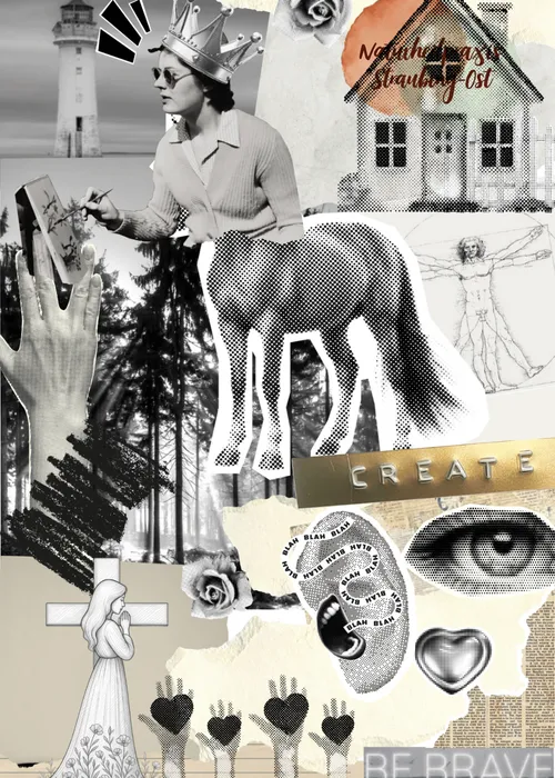 Collage von Objekten auf abstraktem Hintergrund.
