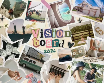 Collage of aspirations titled 'Vision Board 2026'.