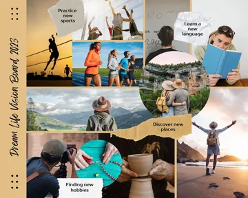 Collage von Zielen: Sport, Reisen, Sprachen.