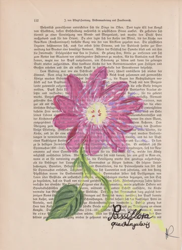 Pink flower painted on vintage paper.