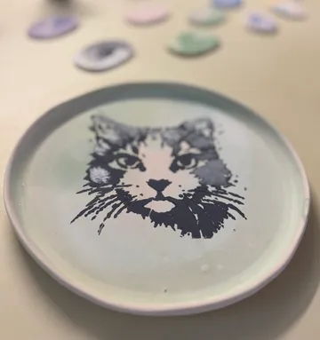 Plate with cat design on table.