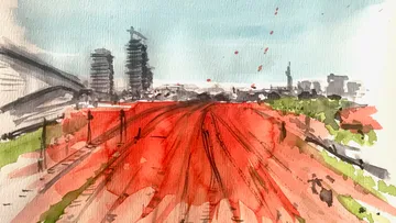 Abstrakte Schienen führen zur Stadtsilhouette.