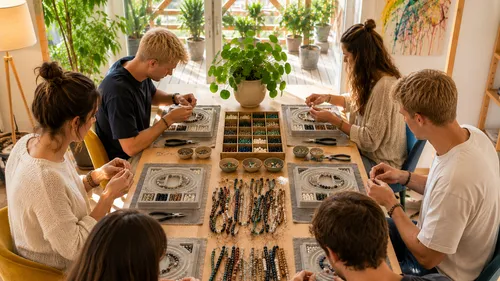 People making jewelry around a table.