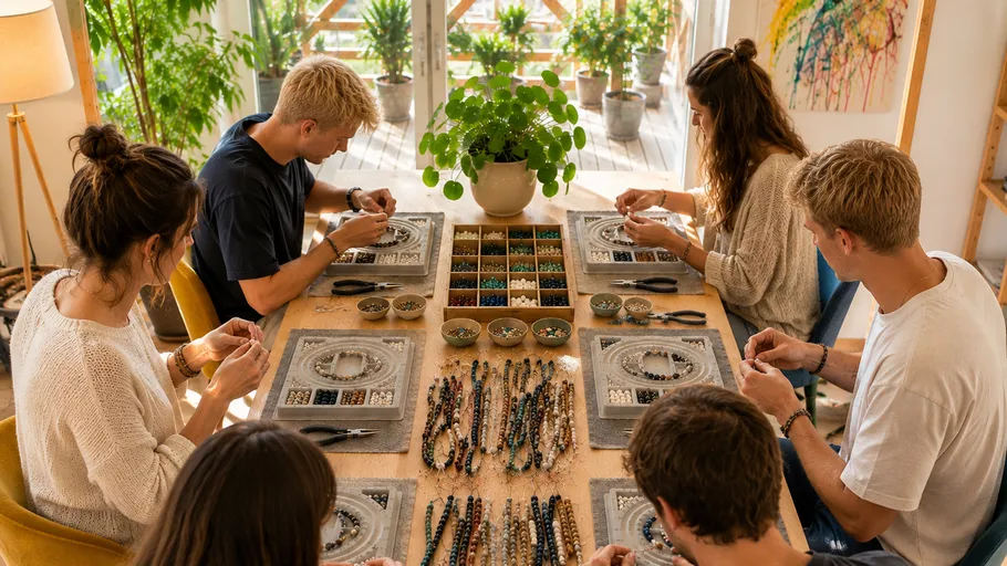 People making jewelry around a table.