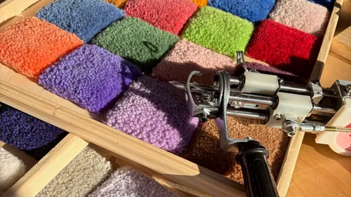 Tufting gun on colored yarn swatches.