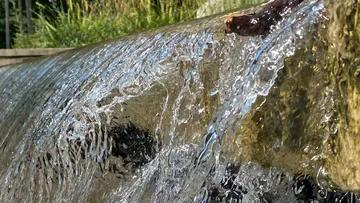 Wasser fließt über Kante im Sonnenlicht.