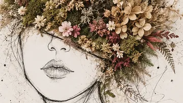Blumenkopfschmuck auf weiblicher Skizzenzeichnung.