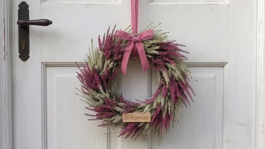 Wreath with bow on a white door.