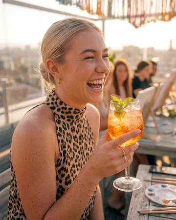 Frau lachend, hält Cocktail, Dachterrasse.