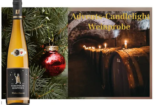 Wine bottle, Christmas ornament, candlelit barrels.