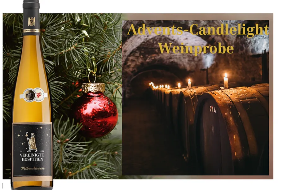 Wine bottle, Christmas ornament, candlelit barrels.