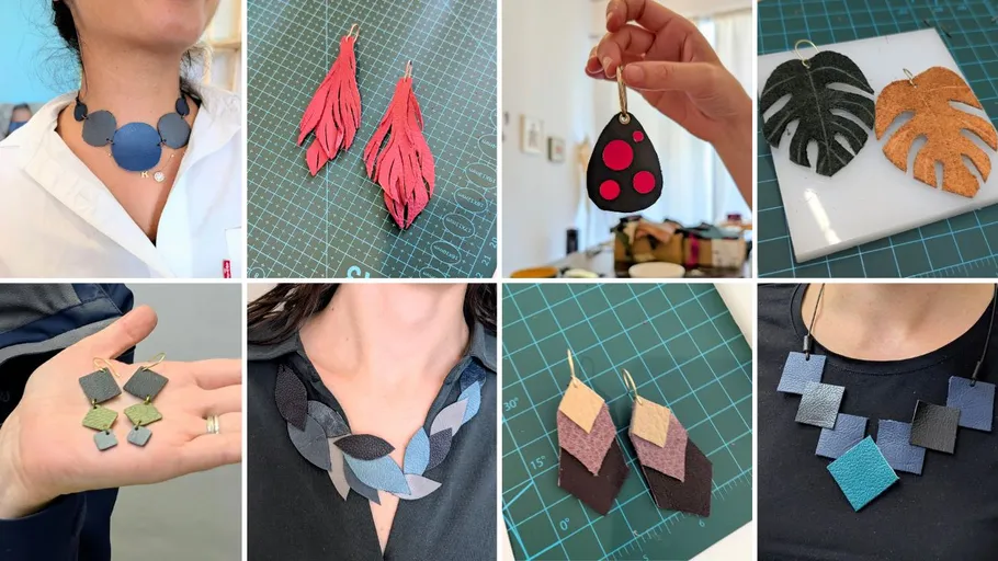 Handmade leather jewelry on display board.
