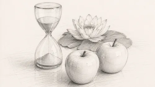 Sanduhr, zwei Äpfel, Blume in Skizze