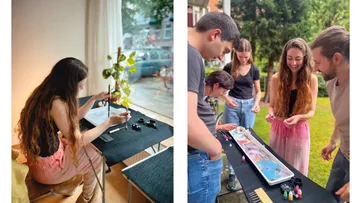 Woman painting indoors; group painting outdoors.