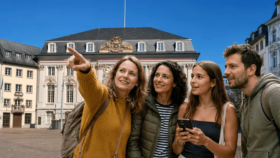 Vier Personen besichtigen ein Stadtgebäude.