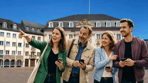 Group pointing excitedly in city square.