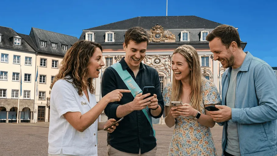 Gruppe lacht, nutzt Handys, historisches Gebäude.