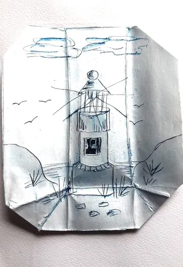 Lighthouse sketch on folded paper, ocean background.