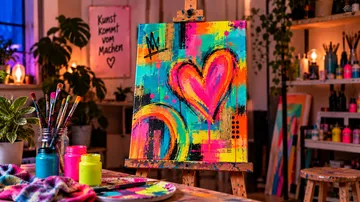 Buntes abstraktes Gemälde auf Staffelei im Atelier.