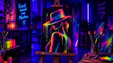 Neon painting on easel in vibrant art studio.