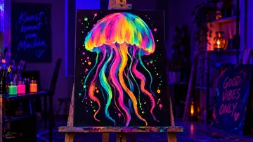 Gemälde eines bunten Quallens im Neonkunststudio.