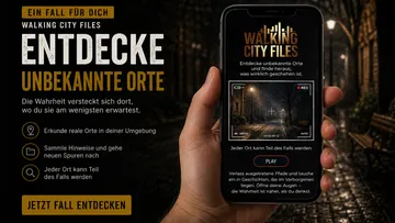 Person holds phone showing walking city app.