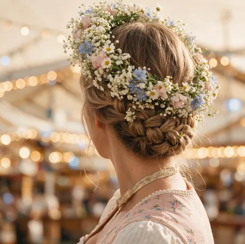 Woman with flower crown, braided hair at festival.