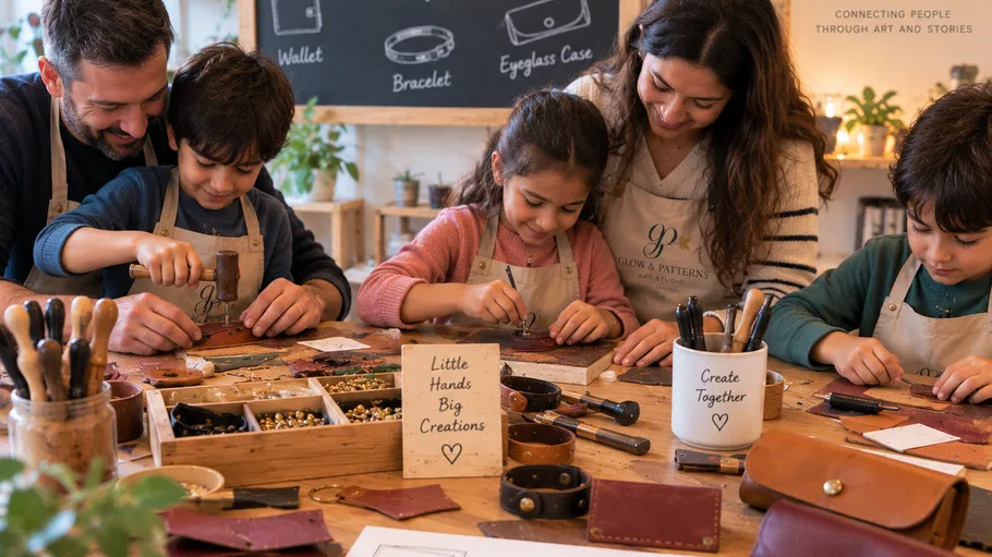Familie bastelt Lederwaren am Holztisch.