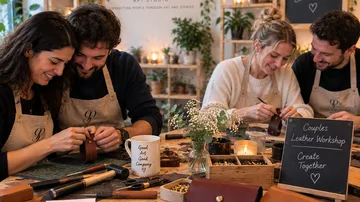 Couples crafting leather in cozy workshop setting.