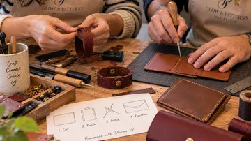 Craftspeople making leather wallets at workshop.
