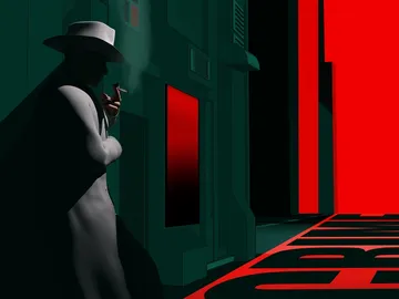 Eine Silhouette raucht und lehnt an einer Wand, während rot leuchtet.