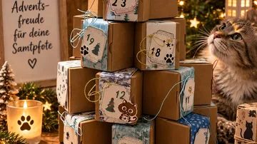 Cat inspecting a stacked Advent calendar.
