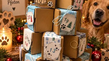Dog beside stacked gift boxes, holiday decor.