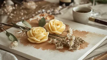 Yellow soap roses on a painted canvas.