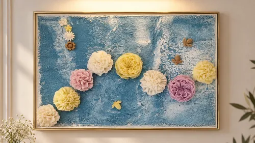 Blaues Kunstwerk mit 3D-Blumendekorationen