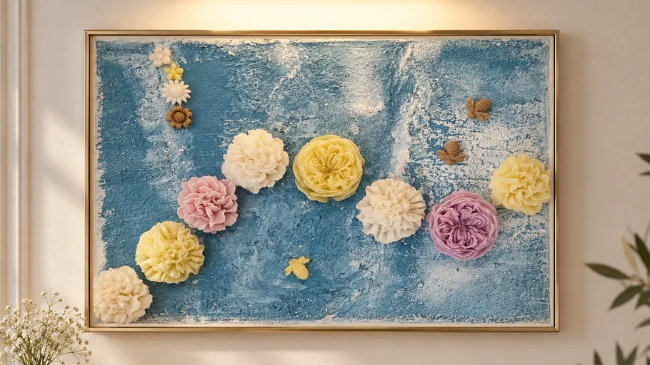 Textured blue artwork with 3D flower decorations