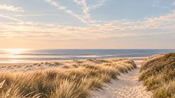 Coastal dunes with pathway leading to ocean.