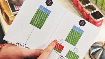Hands opening spice guide book, shelves visible.