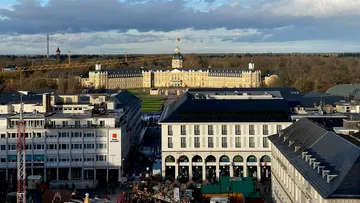 Palace in park viewed beyond city buildings.
