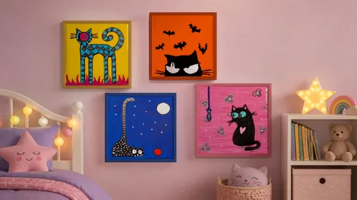 Bunte Katzenbilder schmücken Kinderzimmer.