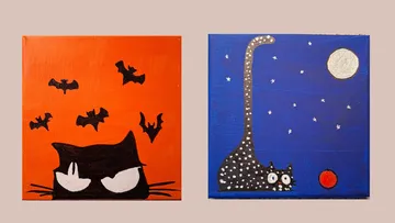 Two paintings: cat with bats, cat with moon.