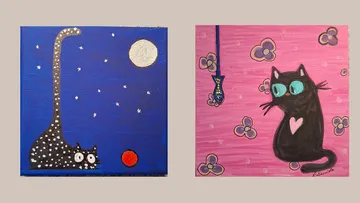 Two cartoon cats on colorful backgrounds.